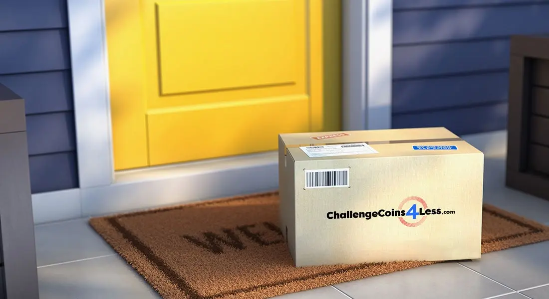 A Challengecoins4less.com package on a front doorstep