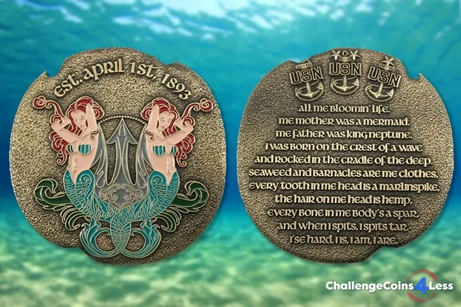 Front and back of a mermaid coin design for the US Navy