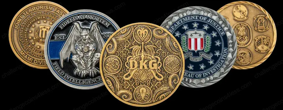 A range of intricately designed challenge coins including one from the Joint Terrorism Task Force, one with a motto 'FIDELITY, BRAVERY, INTEGRITY' and a gargoyle figure, a decorative 'DKG' HP Lovecraft coin, and a Department of Justice FBI emblem. The coins exhibit a variety of metallic finishes and detailed embossing.