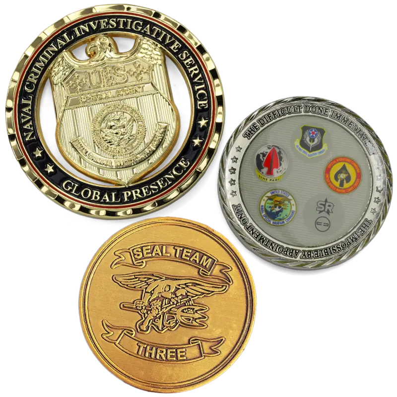 three examples of air force challenge coins with custom designs