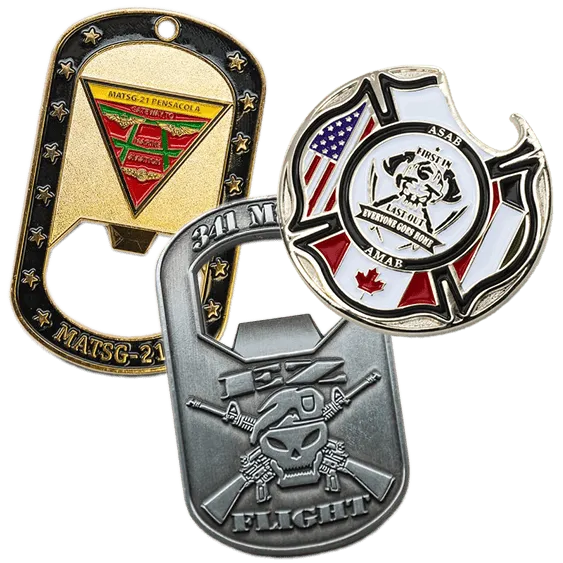 three examples of custom made challenge coin bottle openers