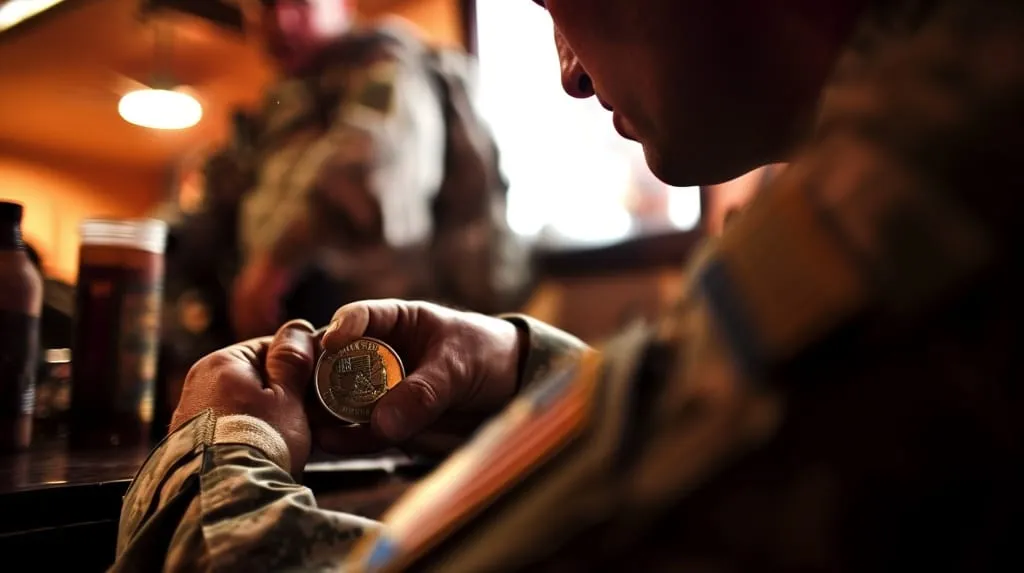 A close-up image capturing a poignant moment of a uniformed military member examining a challenge coin in his hand, with the blurred background suggesting a social setting, possibly a tradition of a coin check.