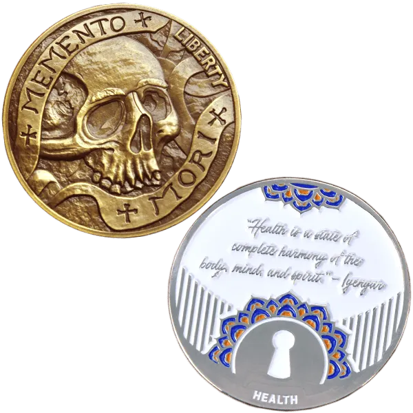 2 examples of EDC challenge coins with custom designs