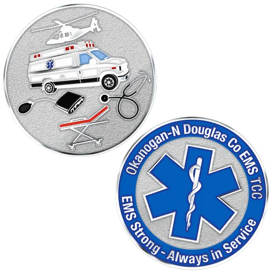 2 examples of EMS challenge coins with custom designs