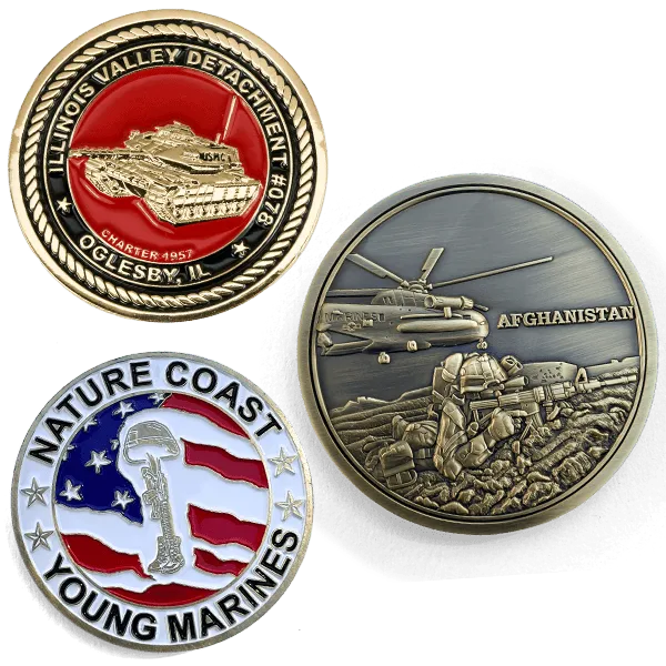 three examples of marine challenge coins