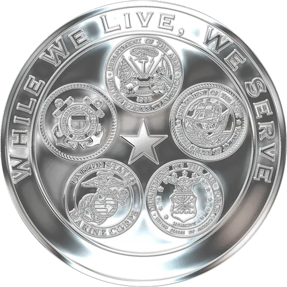 A commemorative silver military coin with the central star surrounded by emblems of the five U.S. Armed Forces, along with the inspiring words 'WHILE WE LIVE, WE SERVE' circling the perimeter, signifying the unity and dedication of military service.