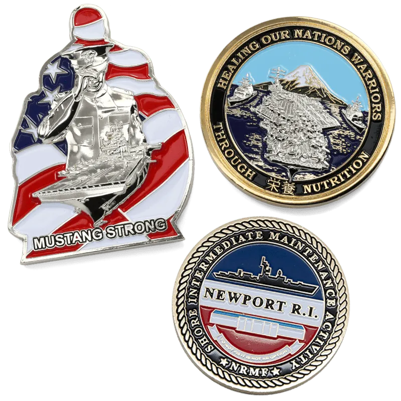 three examples of navy challenge coins with custom designs