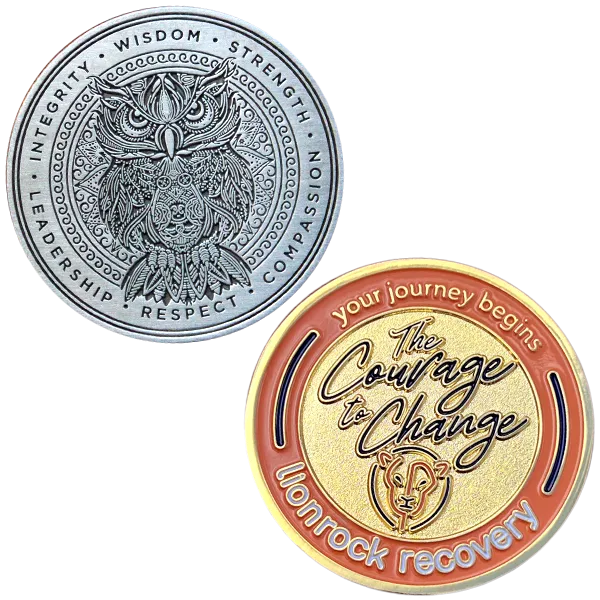 2 examples of sobriety challenge coins with custom designs