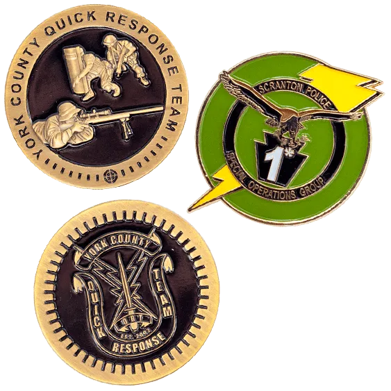 examples of various SWAT challenge coins with custom designs